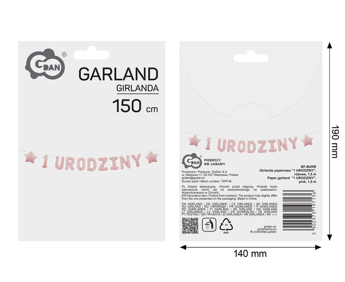 Paper garland  "1 URODZINY", pink, 1,5 m.